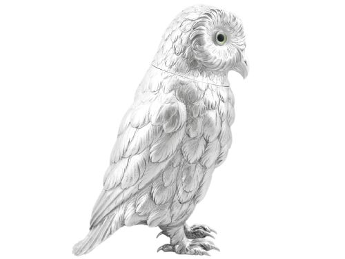 fig 7. An antique sterling silver sugar box realistically cast and chased in the form of a standing owl with detailed feather textures and set eyes.