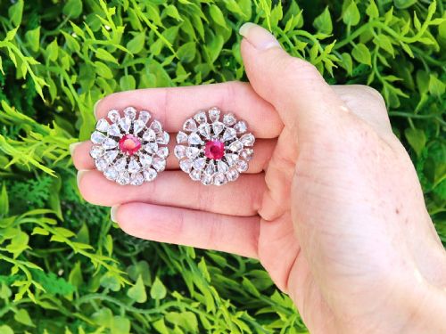 fig 1. Antique 2.10ct Burmese Ruby and 14.12ct Diamond, 18ct White Gold Earrings Circa 1900