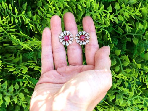 fig 2. Antique 2.10ct Burmese Ruby and 14.12ct Diamond, 18ct White Gold Earrings Circa 1900