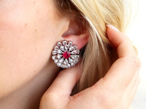 fig 5. Antique 2.10ct Burmese Ruby and 14.12ct Diamond, 18ct White Gold Earrings Circa 1900