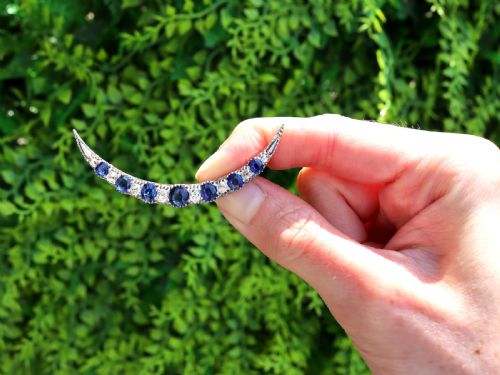 fig 1. Antique 3.50ct Burmese Sapphire, 1.65ct Diamond and 18ct White Gold Crescent Brooch Circa 1890