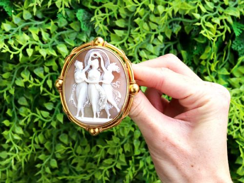 fig 1. Antique Shell and 21ct Yellow Gold Three Graces Cameo Brooch Circa 1880