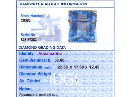 fig 7. A substantial rectangular emerald-cut light blue aquamarine gemstone secured in a four-claw 18ct yellow gold ring mounting.