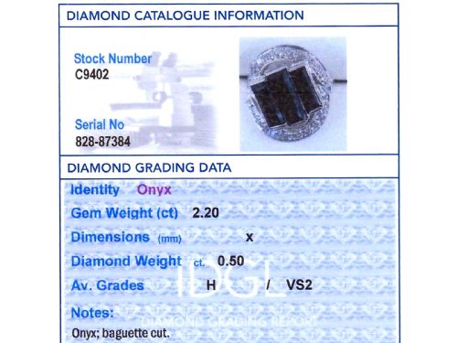 fig 7. An Art Deco style platinum dress ring displaying three vertical rectangular black onyx plaques enclosed within a circular diamond-set halo frame.