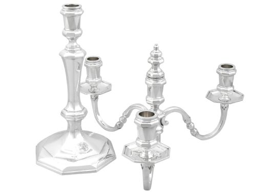 ANTIQUE GEORGE VI STERLING SILVER CANDELABRUM AND CANDLESTICKS 1938 - ADDITIONAL PHOTO 4