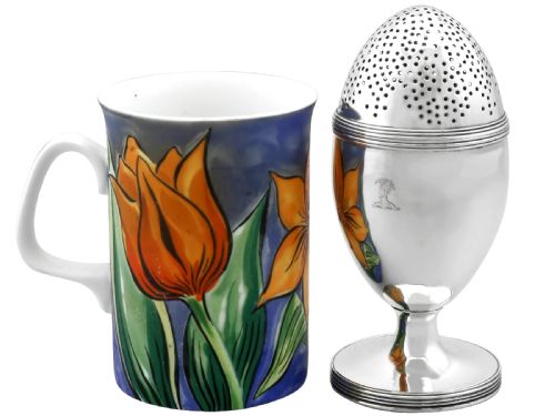 fig 4. An egg-shaped George III sterling silver condiment caster featuring a perforated upper section, reeded borders, a small engraved crest, and a pedestal foot.