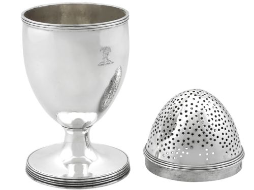 fig 5. An egg-shaped George III sterling silver condiment caster featuring a perforated upper section, reeded borders, a small engraved crest, and a pedestal foot.
