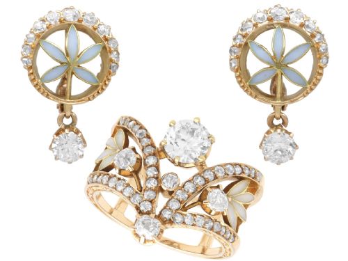Antique Plique-a-jour and 3.68ct Diamond, 18ct Yellow Gold Earring and Ring Set Circa 1890
