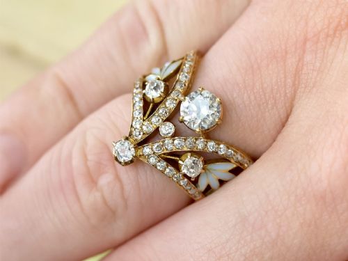 fig 6. Antique Plique-a-Jour and 3.68ct Diamond, 18ct Yellow Gold Earring and Ring Set Circa 1890