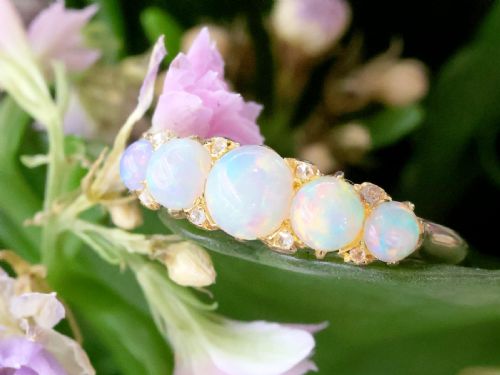 fig 4. An Edwardian 18ct yellow gold five stone ring featuring graduated cabochon white opals with small diamond accents and full interior British hallmarks.