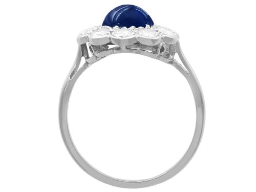 fig 7. A platinum ring set with a central round cabochon blue sapphire surrounded by a halo of ten round diamonds.
