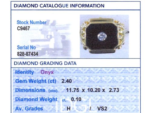 fig 7. A 14ct yellow gold signet ring set with an octagonal black onyx plaque featuring a central round diamond bezel setting.
