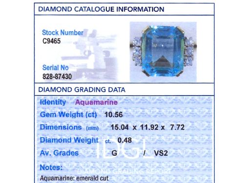 fig 8. A 14ct yellow gold dress ring featuring a large emerald-cut light blue aquamarine central gemstone flanked by six round diamonds.