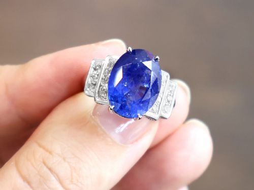 fig 3. Vintage French Art Deco 9.28ct Ceylon Sapphire and 0.30ct Diamond 18ct White Gold Ring Circa 1950