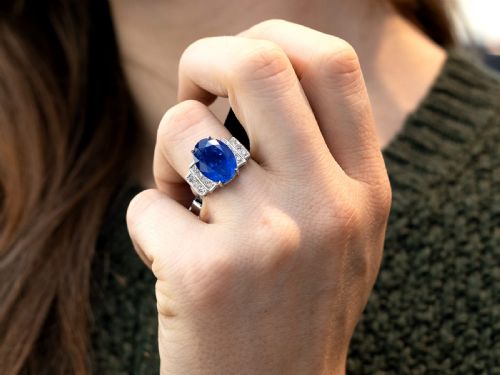 fig 8. Vintage French Art Deco 9.28ct Ceylon Sapphire and 0.30ct Diamond 18ct White Gold Ring Circa 1950
