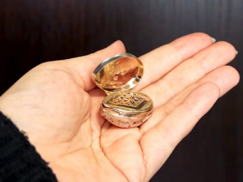 fig 3. A Georgian sterling silver vinaigrette featuring a natural spotted cowrie shell set into a saw-tooth silver mount.