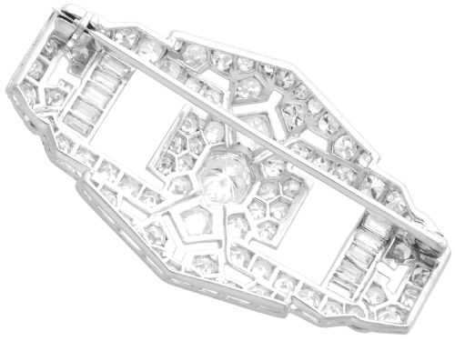 fig 8. An Art Deco platinum plaque brooch featuring an intricate geometric openwork setting encrusted with round and baguette cut diamonds.