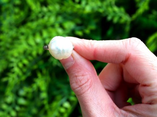 fig 1. An antique platinum dress ring featuring a large, smooth natural blister pearl flanked by diamond-set shoulders.
