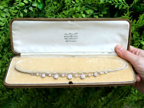 fig 1. An Edwardian platinum chain necklace set with diamond floral clusters and interspersed with round white pearls.