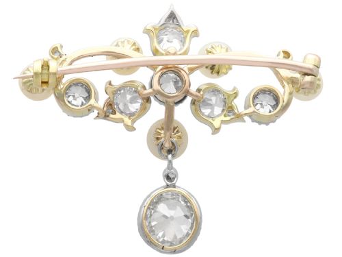 fig 8. An Edwardian 9ct yellow gold brooch featuring old cut diamonds, pearls, and a central drop pendant.