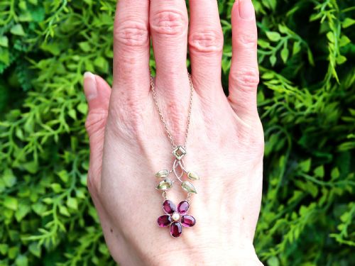 fig 1. Antique 2.75ct Garnet 2.35ct Peridot and Pearl 9ct Rose Gold Pendant Circa 1910
