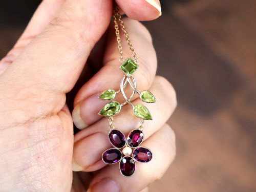 fig 2. Antique 2.75ct Garnet 2.35ct Peridot and Pearl 9ct Rose Gold Pendant Circa 1910