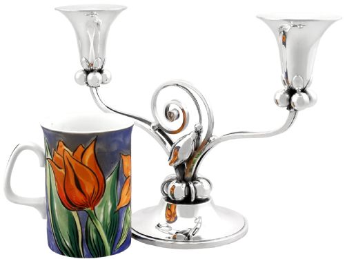 fig 5. A pair of sterling silver two-light Arts and Crafts style candelabra featuring scrolled arms, beaded motifs, and flared sconces on circular bases.