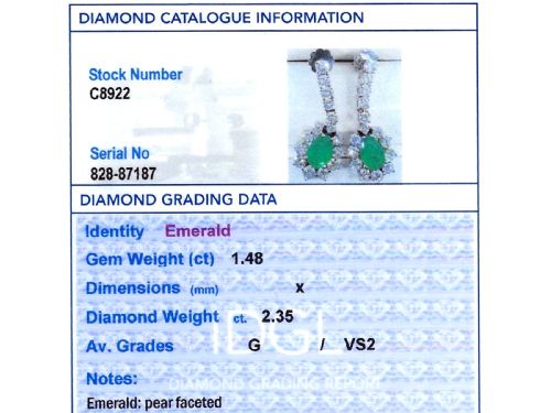 fig 8. A pair of 18ct white gold drop earrings featuring pear-cut green emeralds surrounded by round diamond halos suspended from vertical diamond bars.