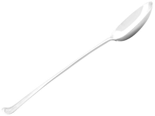 fig 2. An antique George II Irish sterling silver hash spoon featuring an elongated oval bowl and a long stem with an upturned terminal.