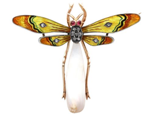 Antique Enamel Garnet 0.10ct Diamond Pearl and 12ct Yellow Gold Dragonfly Brooch Circa 1895
