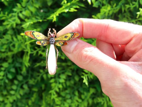 fig 1. An antique late Victorian dragonfly brooch crafted in yellow gold with yellow enamel wings, garnet eyes, rose-cut diamond accents, and a elongated natural pearl abdomen.