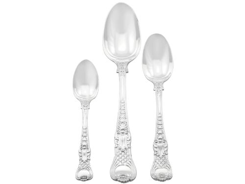 fig 5. A collection of ornate sterling silver cutlery pieces featuring intricately embossed handles and polished bowls, including ladles, forks, knives, and spoons.