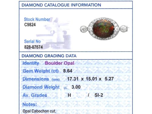 fig 10. An Edwardian platinum brooch featuring an oval cabochon boulder opal surrounded by a halo of diamonds and two outer accent diamonds.