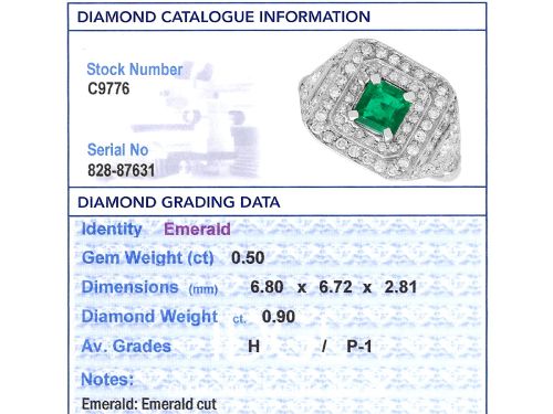 fig 6. An Art Deco platinum ring featuring a central square green emerald surrounded by geometric concentric halos of brilliant-cut diamonds.