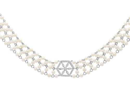 Antique 0.49ct Diamond and Pearl 18ct White Gold Choker Necklace Circa 1930