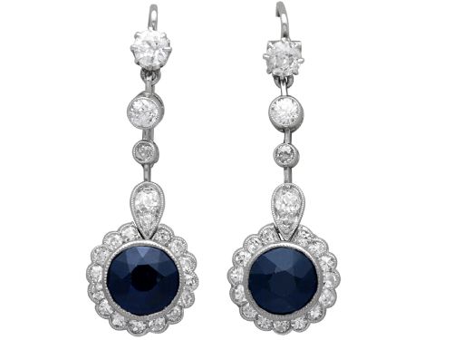 Antique 2.60ct Basaltic Sapphire and 1.32ct Diamond Platinum Drop Earrings Circa 1920