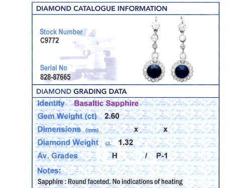 fig 11. A pair of antique Art Deco platinum drop earrings featuring round dark blue sapphires encircled by diamond halos suspended from articulated diamond links.
