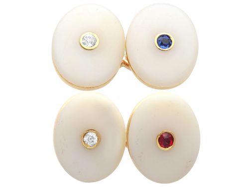 Antique 17.64ct Agate 0.11ct Sapphire 0.11ct Ruby 0.19ct Diamond and 15ct Yellow Gold Cufflinks Circa 1910