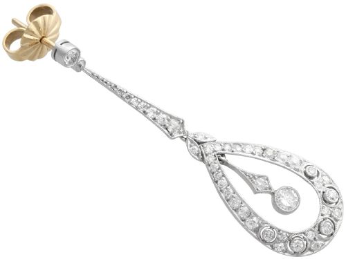 fig 3. A pair of Art Deco platinum drop earrings featuring openwork teardrop frames set with diamonds and geometric articulated tops.