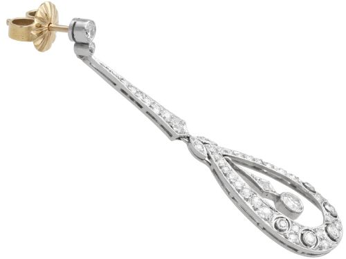 fig 4. A pair of Art Deco platinum drop earrings featuring openwork teardrop frames set with diamonds and geometric articulated tops.