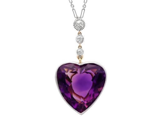 Antique 18.10ct Amethyst and 0.32ct Diamond 14ct Yellow Gold Heart Pendant Circa 1900