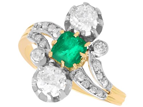 Antique 1.12ct Diamond & 0.60ct Emerald 18ct Yellow Gold Twist Ring Circa 1880