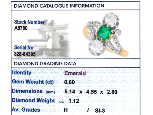 fig 9. An antique 18ct yellow gold twist ring set with a central green emerald, flanked by two old cut diamonds and diamond-set shoulders.
