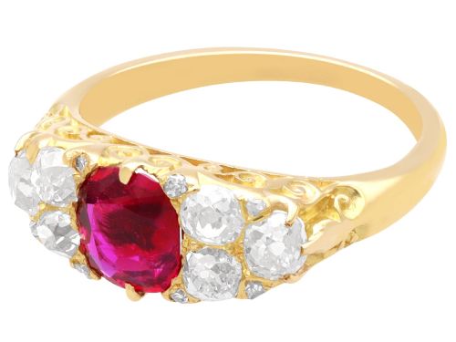fig 4. An 18ct yellow gold dress ring featuring a central cushion-cut red ruby flanked by old cut diamonds with carved scrollwork setting.