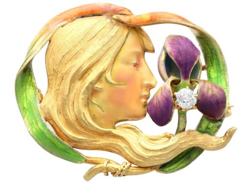 Antique Art Nouveau Diamond Enamel and 18ct Yellow Gold Brooch Circa 1910
