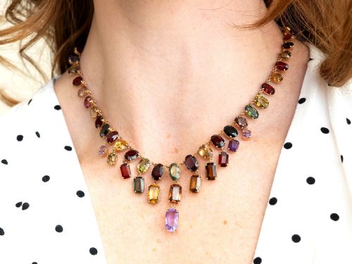 fig 2. Antique 60.69ct Zircon 6.63ct Amethyst and 0.93ct Iolite 9ct Rose Gold Fringe Necklace Circa 1930