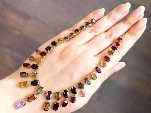 fig 3. Antique 60.69ct Zircon 6.63ct Amethyst and 0.93ct Iolite 9ct Rose Gold Fringe Necklace Circa 1930