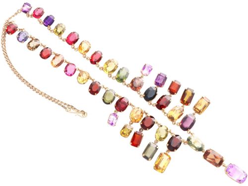 fig 5. Antique 60.69ct Zircon 6.63ct Amethyst and 0.93ct Iolite 9ct Rose Gold Fringe Necklace Circa 1930