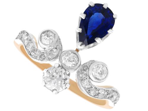 Antique 1.25ct Basaltic Sapphire and 1.48ct Diamond 14ct Yellow Gold Tiara Ring Circa 1900