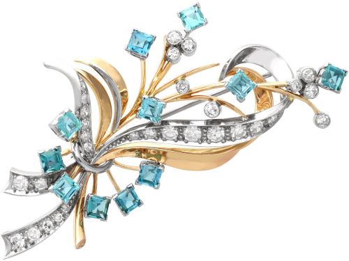 Vintage 1.75ct Aquamarine 1.38ct Diamond 18ct Yellow Gold and Palladium Spray Brooch Circa 1950